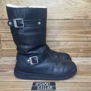 UGG Women’s 9 Kensington Biker Boots Black Leather Shearling Lined Boots
